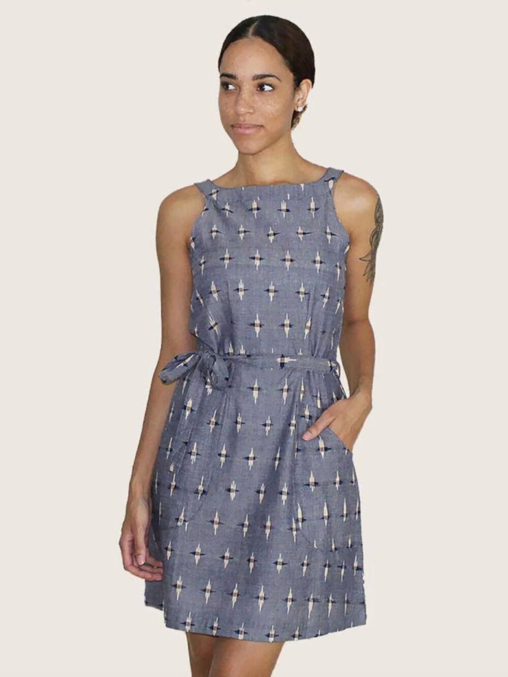 Passion Lilie Blue Chambray Cotton Ikat Belted Sleeveless Shift Dress Pockets, M